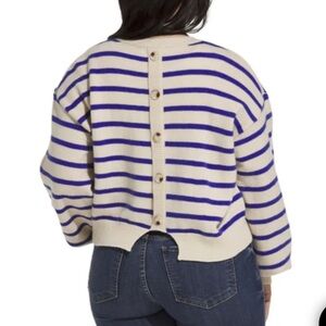 Striped button back sweater crew neck